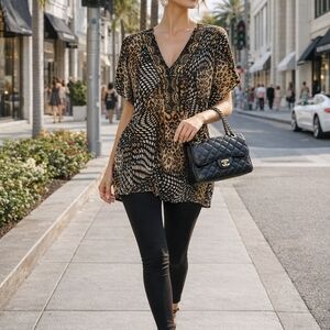 Elegant Print Blouse, black, brown and beige.